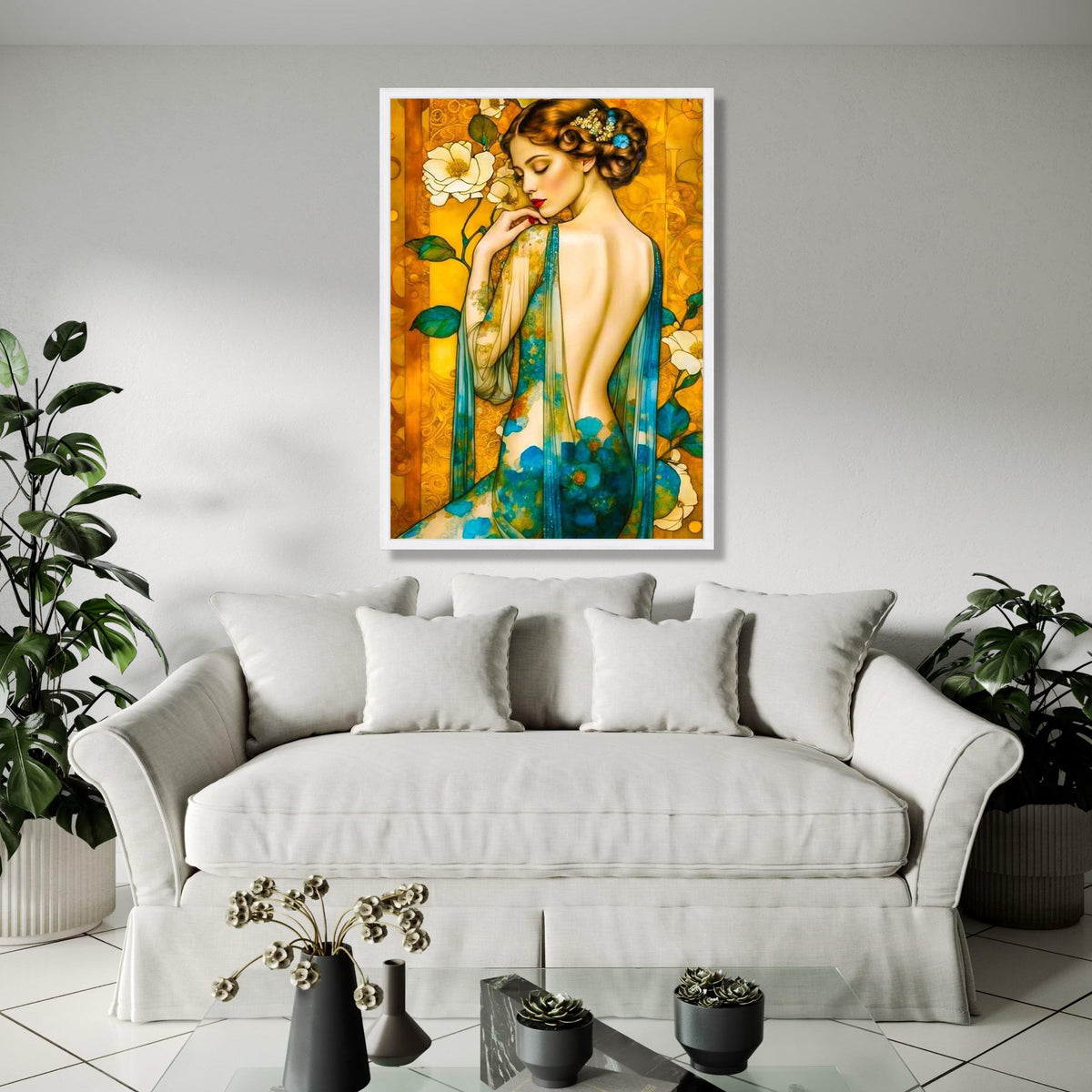 Elegant Woman with Floral Sheer Dress Canvas, Artistic Portrait Wall Art, Vintage Style Canvas, Decorative Home Gift Art, Home Decor, Print