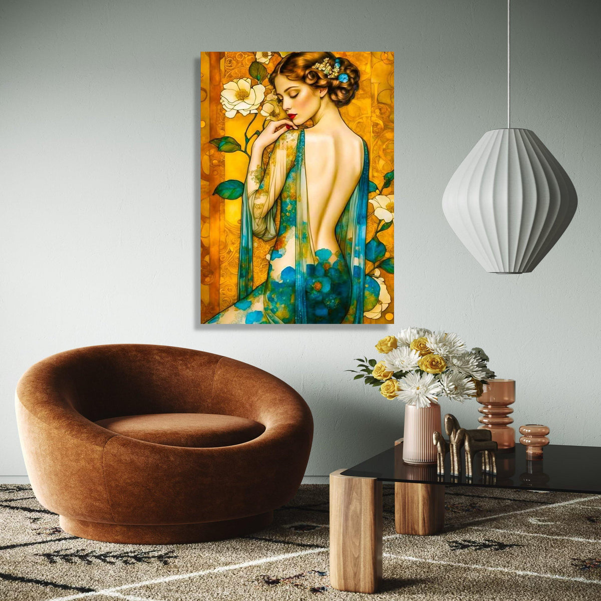Elegant Woman with Floral Sheer Dress Canvas, Artistic Portrait Wall Art, Vintage Style Canvas, Decorative Home Gift Art, Home Decor, Print