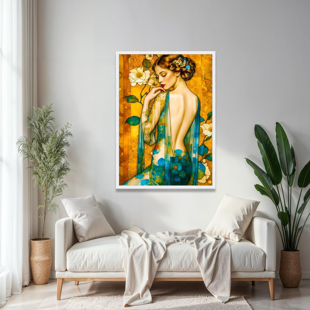 Elegant Woman with Floral Sheer Dress Canvas, Artistic Portrait Wall Art, Vintage Style Canvas, Decorative Home Gift Art, Home Decor, Print