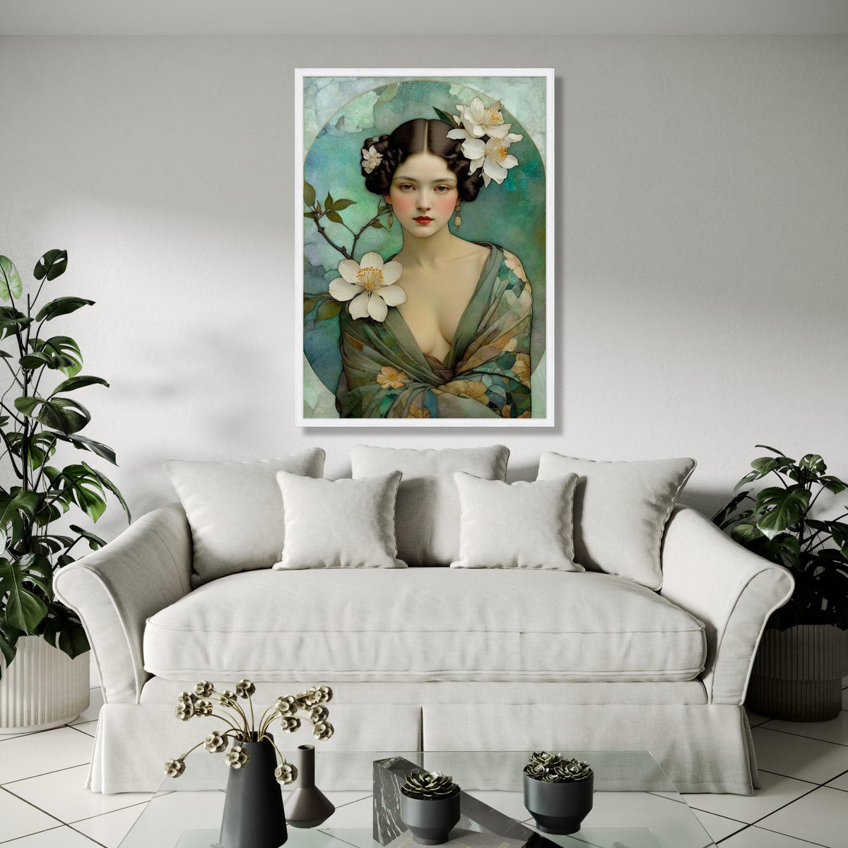 Elegant Vintage Portrait Canvas, Floral Woman Wall Art, Soft Color Palette, Romantic Home Decoration, Classic Gift Art, Home Decor, Print