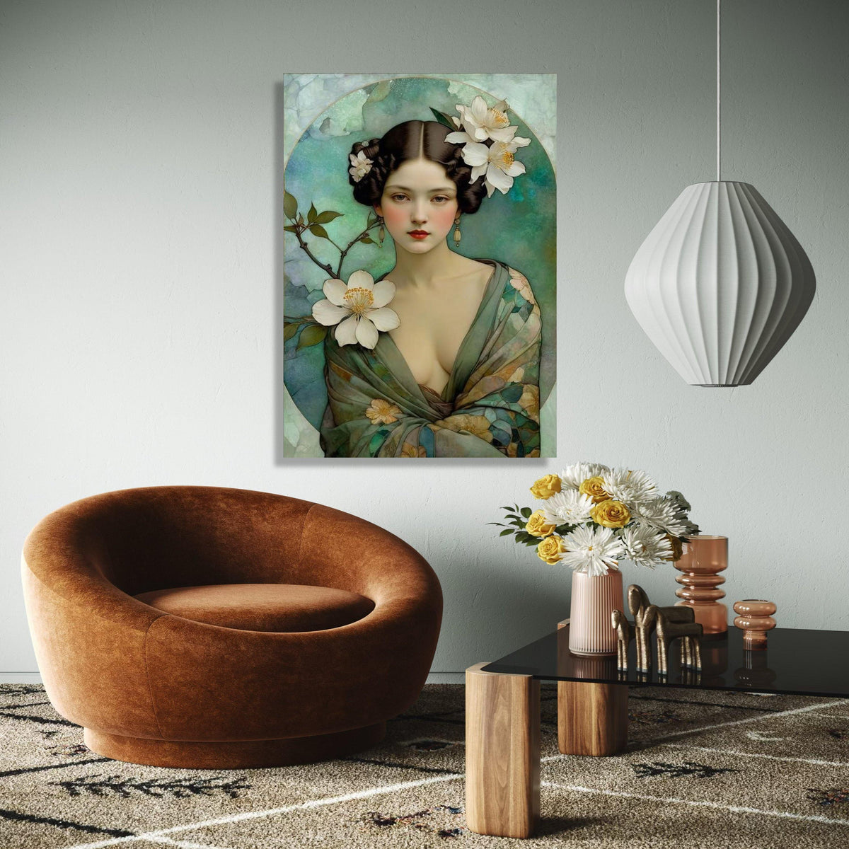 Elegant Vintage Portrait Canvas, Floral Woman Wall Art, Soft Color Palette, Romantic Home Decoration, Classic Gift Art, Home Decor, Print