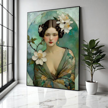 Elegant Vintage Portrait Canvas, Floral Woman Wall Art, Soft Color Palette, Romantic Home Decoration, Classic Gift Art, Home Decor, Print