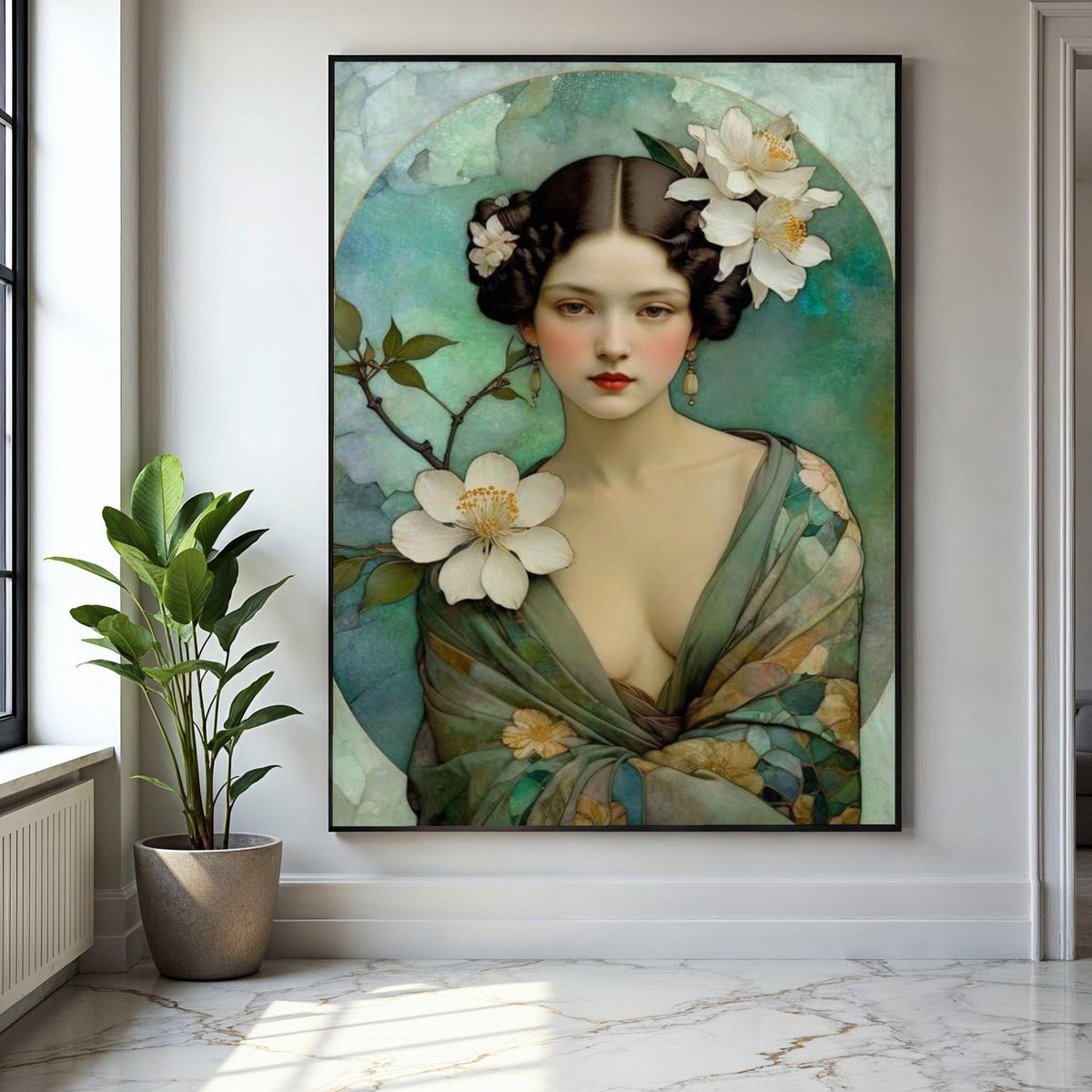 Elegant Vintage Portrait Canvas, Floral Woman Wall Art, Soft Color Palette, Romantic Home Decoration, Classic Gift Art, Home Decor, Print