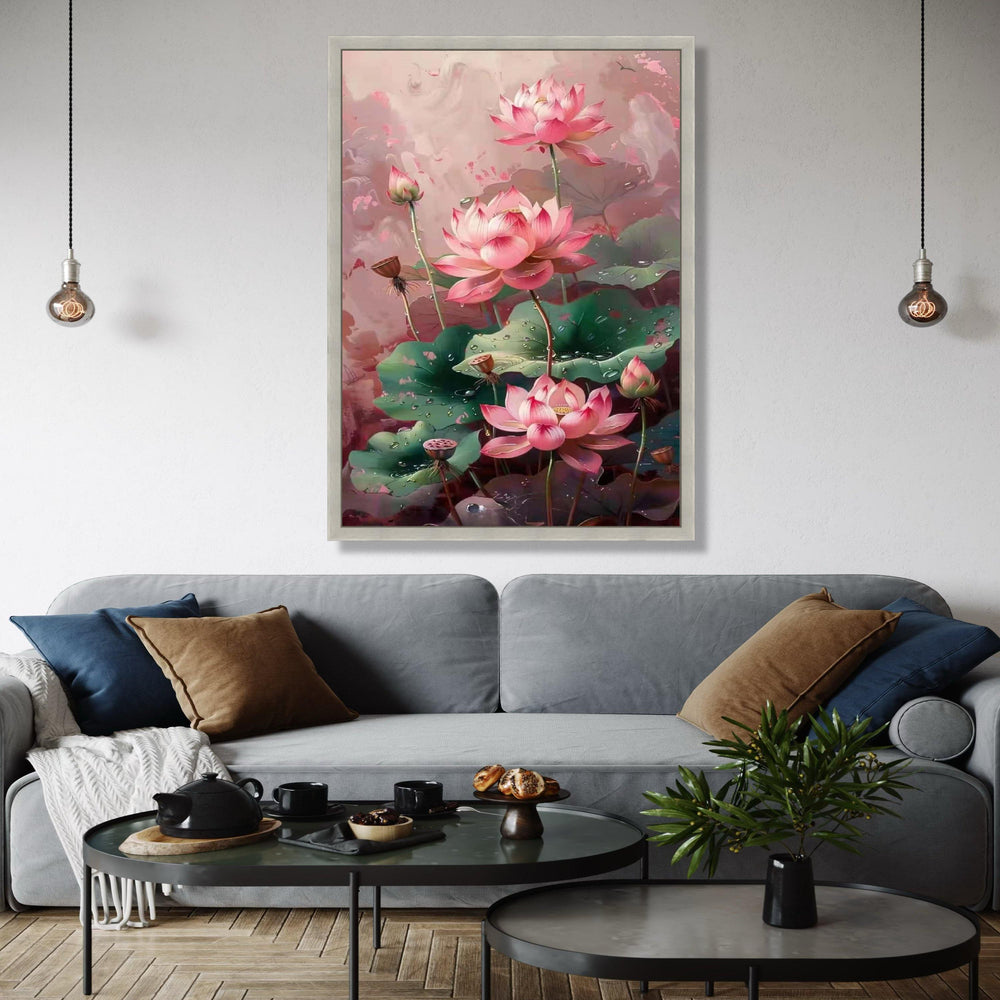 Elegant Pink Lotus Flowers Canvas Wall Art, Botanical Floral Painting, Dewy Green Leaves Decor, Tranquil Nature Gift Art, Home Decor, Print