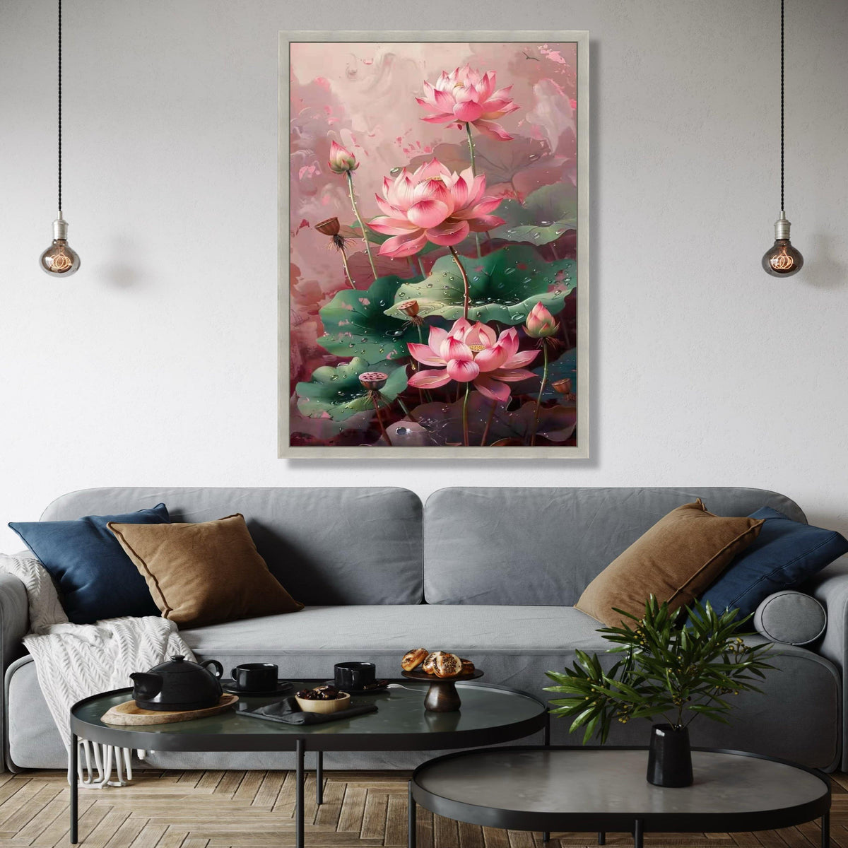 Elegant Pink Lotus Flowers Canvas Wall Art, Botanical Floral Painting, Dewy Green Leaves Decor, Tranquil Nature Gift Art, Home Decor, Print