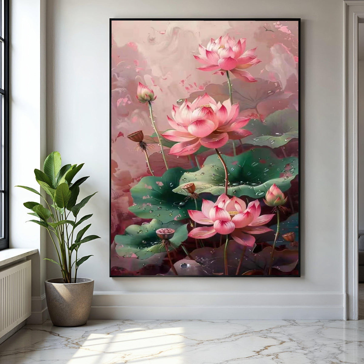 Elegant Pink Lotus Flowers Canvas Wall Art, Botanical Floral Painting, Dewy Green Leaves Decor, Tranquil Nature Gift Art, Home Decor, Print