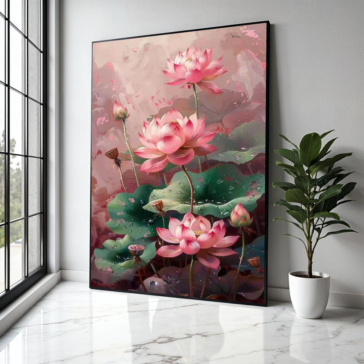 Elegant Pink Lotus Flowers Canvas Wall Art, Botanical Floral Painting, Dewy Green Leaves Decor, Tranquil Nature Gift Art, Home Decor, Print