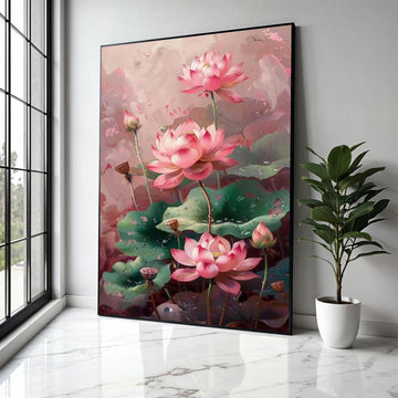 Elegant Pink Lotus Flowers Canvas Wall Art, Botanical Floral Painting, Dewy Green Leaves Decor, Tranquil Nature Gift Art, Home Decor, Print