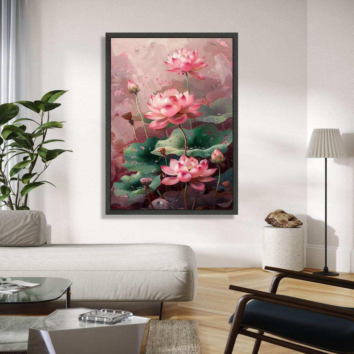 Elegant Pink Lotus Flowers Canvas Wall Art, Botanical Floral Painting, Dewy Green Leaves Decor, Tranquil Nature Gift Art, Home Decor, Print