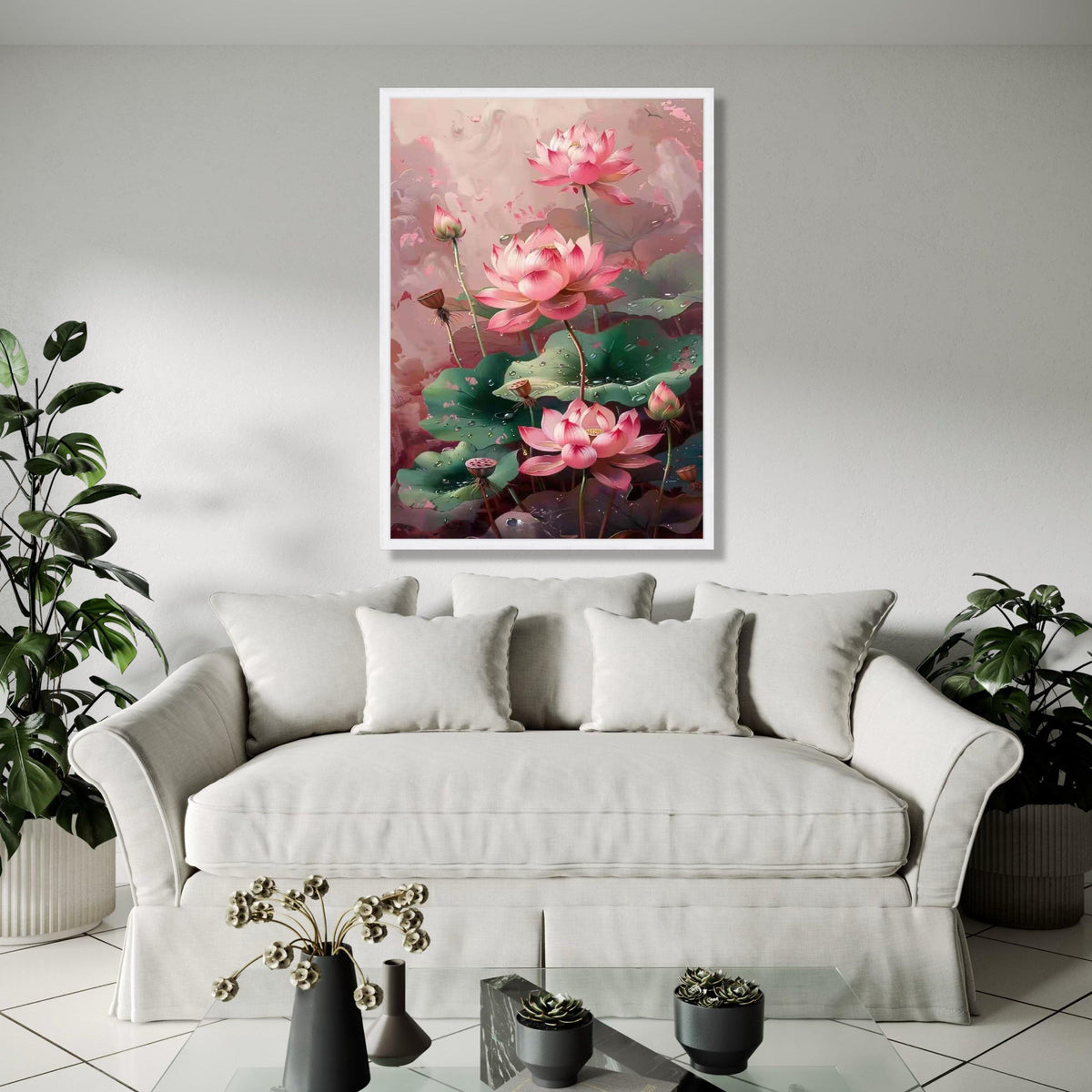 Elegant Pink Lotus Flowers Canvas Wall Art, Botanical Floral Painting, Dewy Green Leaves Decor, Tranquil Nature Gift Art, Home Decor, Print