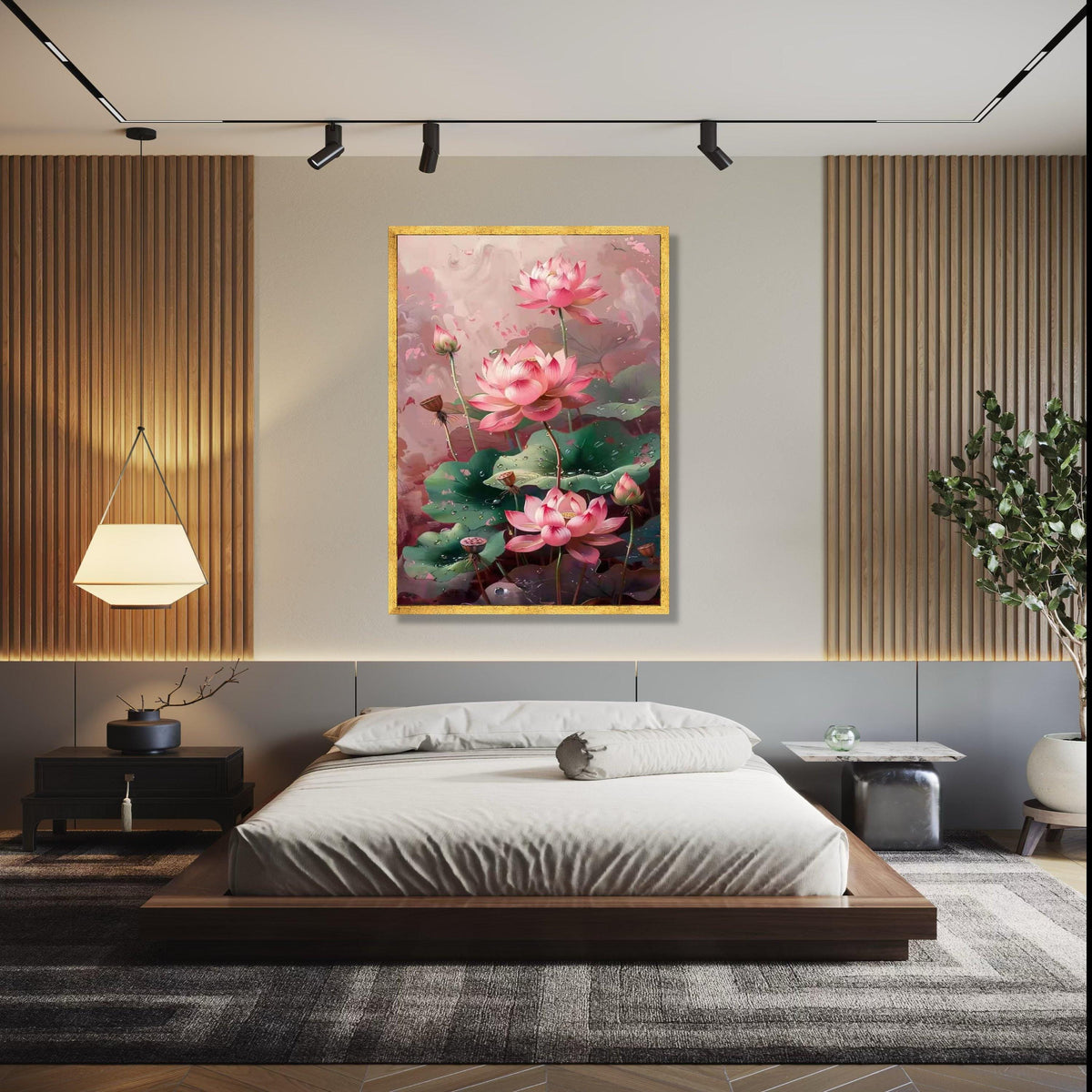 Elegant Pink Lotus Flowers Canvas Wall Art, Botanical Floral Painting, Dewy Green Leaves Decor, Tranquil Nature Gift Art, Home Decor, Print