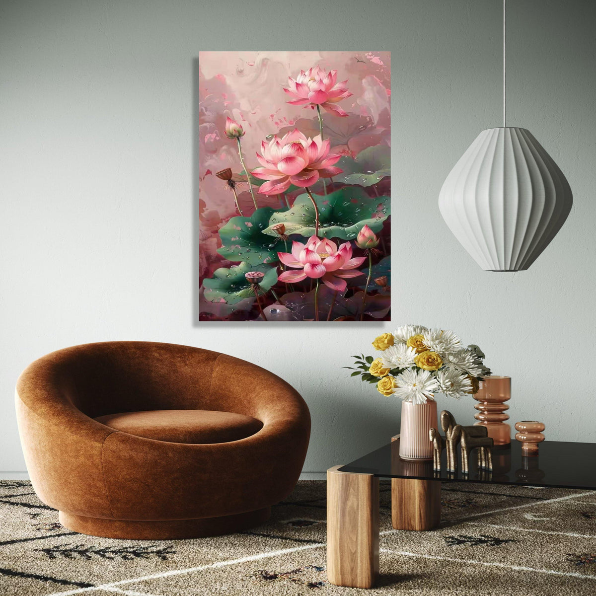 Elegant Pink Lotus Flowers Canvas Wall Art, Botanical Floral Painting, Dewy Green Leaves Decor, Tranquil Nature Gift Art, Home Decor, Print