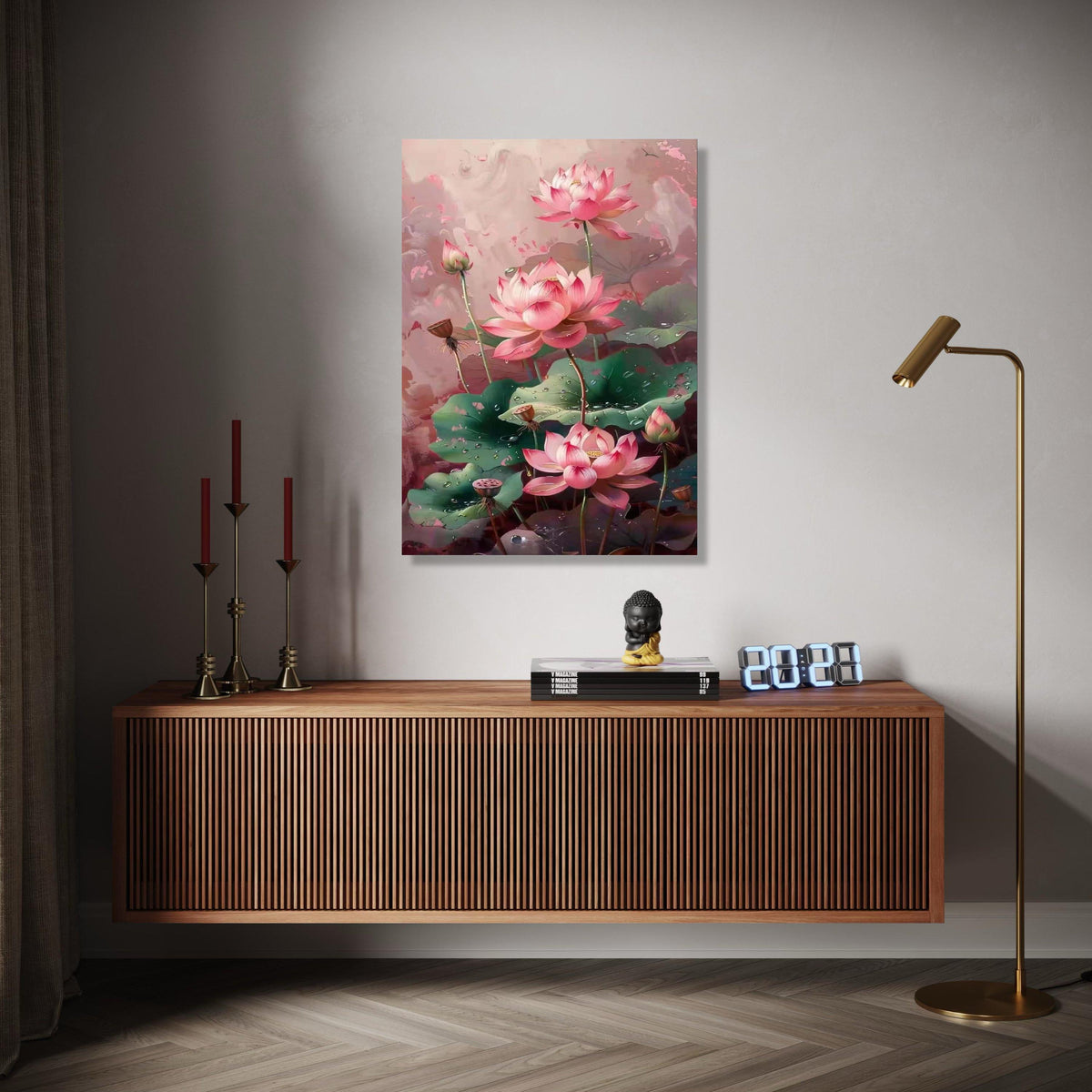Elegant Pink Lotus Flowers Canvas Wall Art, Botanical Floral Painting, Dewy Green Leaves Decor, Tranquil Nature Gift Art, Home Decor, Print