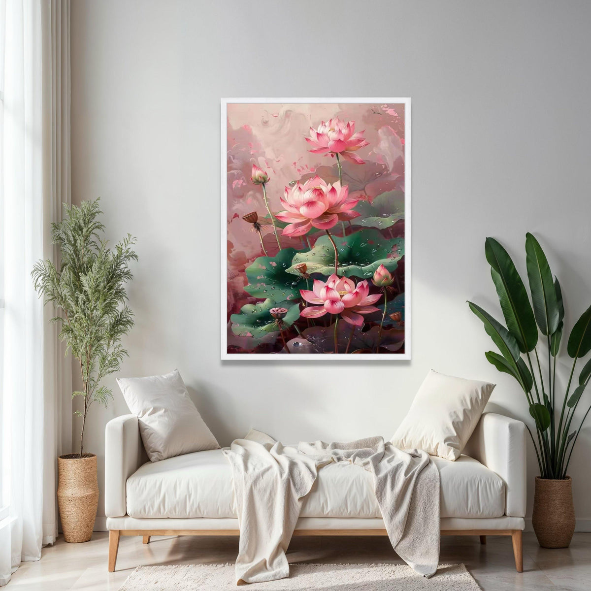 Elegant Pink Lotus Flowers Canvas Wall Art, Botanical Floral Painting, Dewy Green Leaves Decor, Tranquil Nature Gift Art, Home Decor, Print