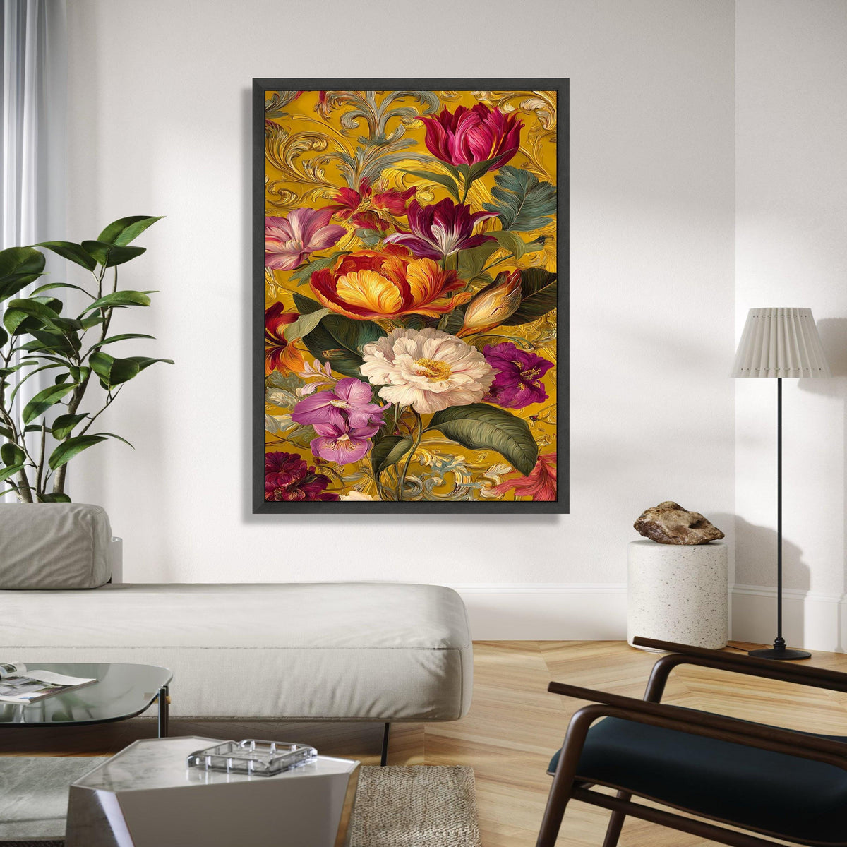 Vibrant Victorian Floral Canvas, Baroque Style Wall Art, Colorful Tulips & Peonies, Ornate Gold Background, Gift Art, Home Decor, Print