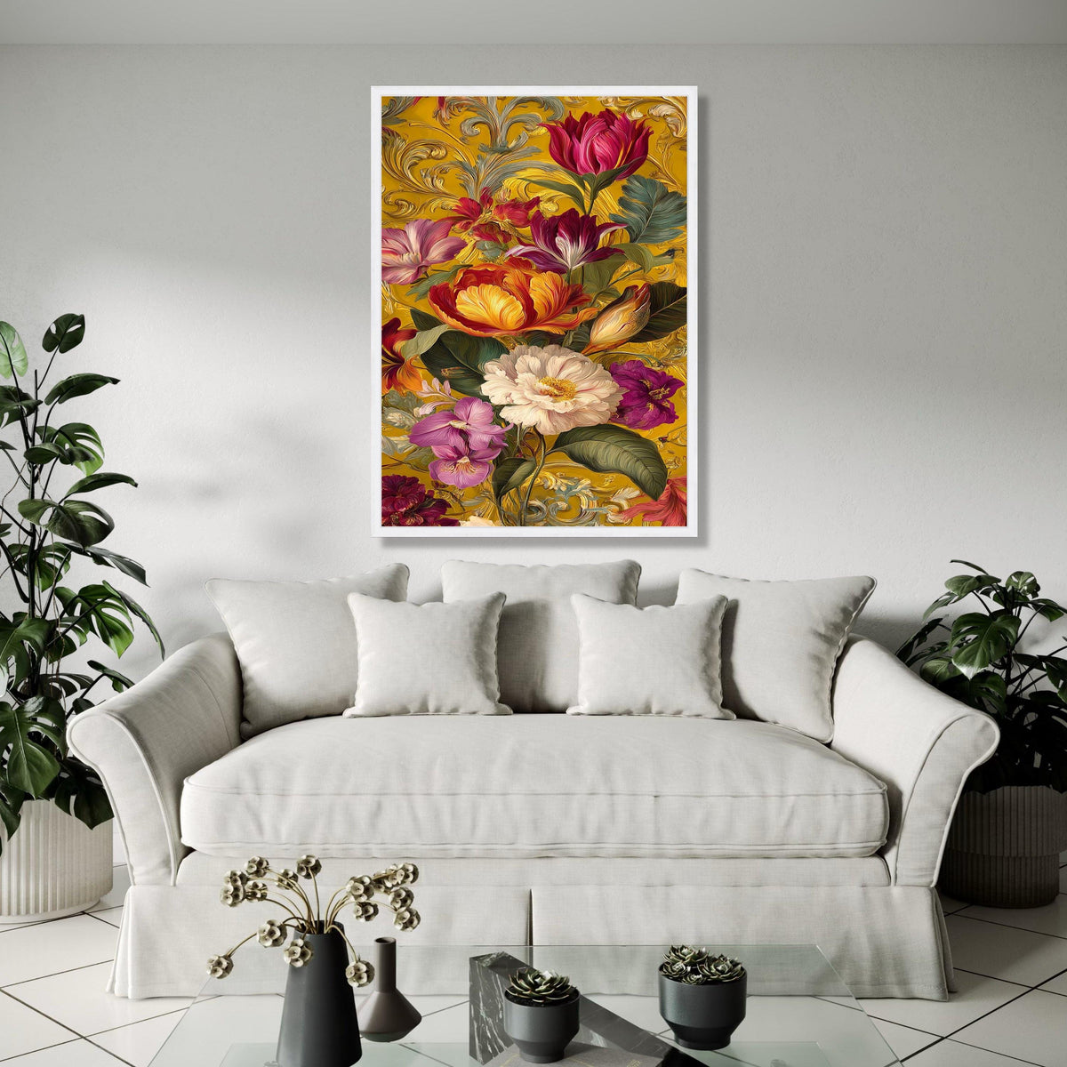 Vibrant Victorian Floral Canvas, Baroque Style Wall Art, Colorful Tulips & Peonies, Ornate Gold Background, Gift Art, Home Decor, Print