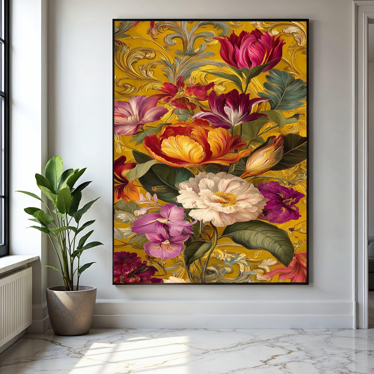 Vibrant Victorian Floral Canvas, Baroque Style Wall Art, Colorful Tulips & Peonies, Ornate Gold Background, Gift Art, Home Decor, Print