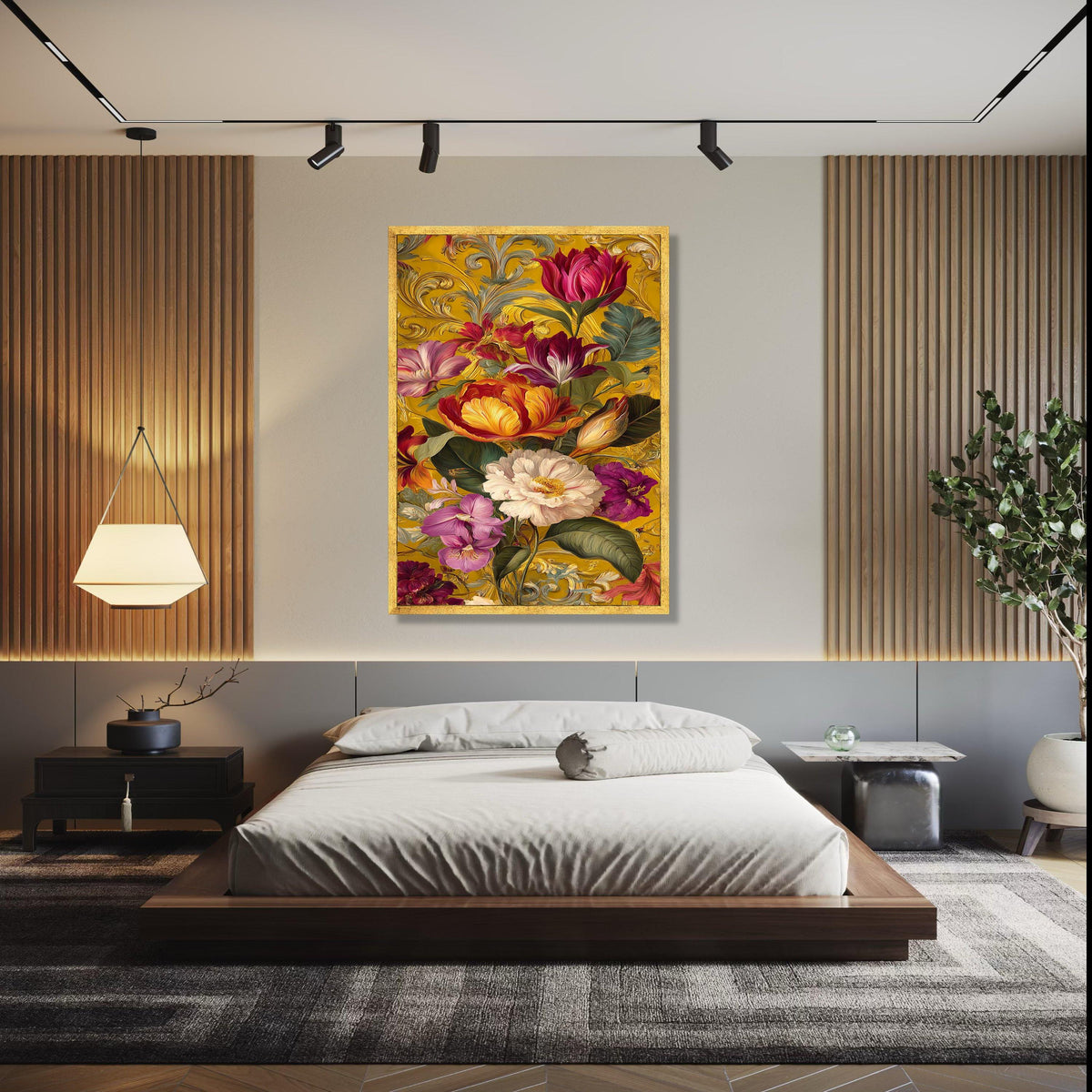 Vibrant Victorian Floral Canvas, Baroque Style Wall Art, Colorful Tulips & Peonies, Ornate Gold Background, Gift Art, Home Decor, Print
