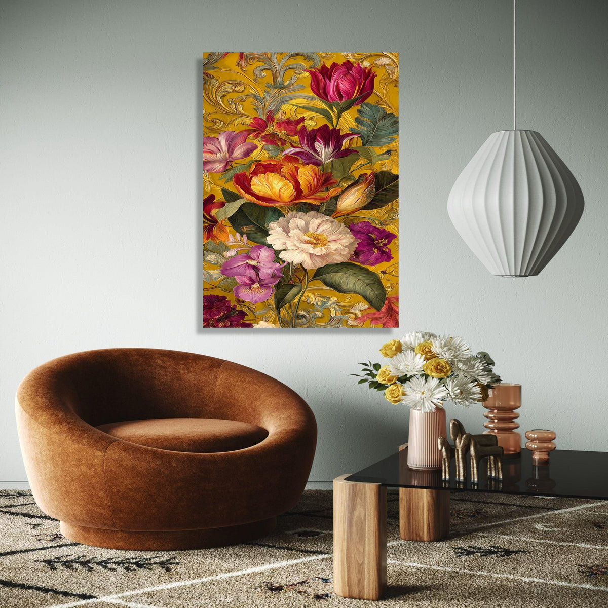Vibrant Victorian Floral Canvas, Baroque Style Wall Art, Colorful Tulips & Peonies, Ornate Gold Background, Gift Art, Home Decor, Print