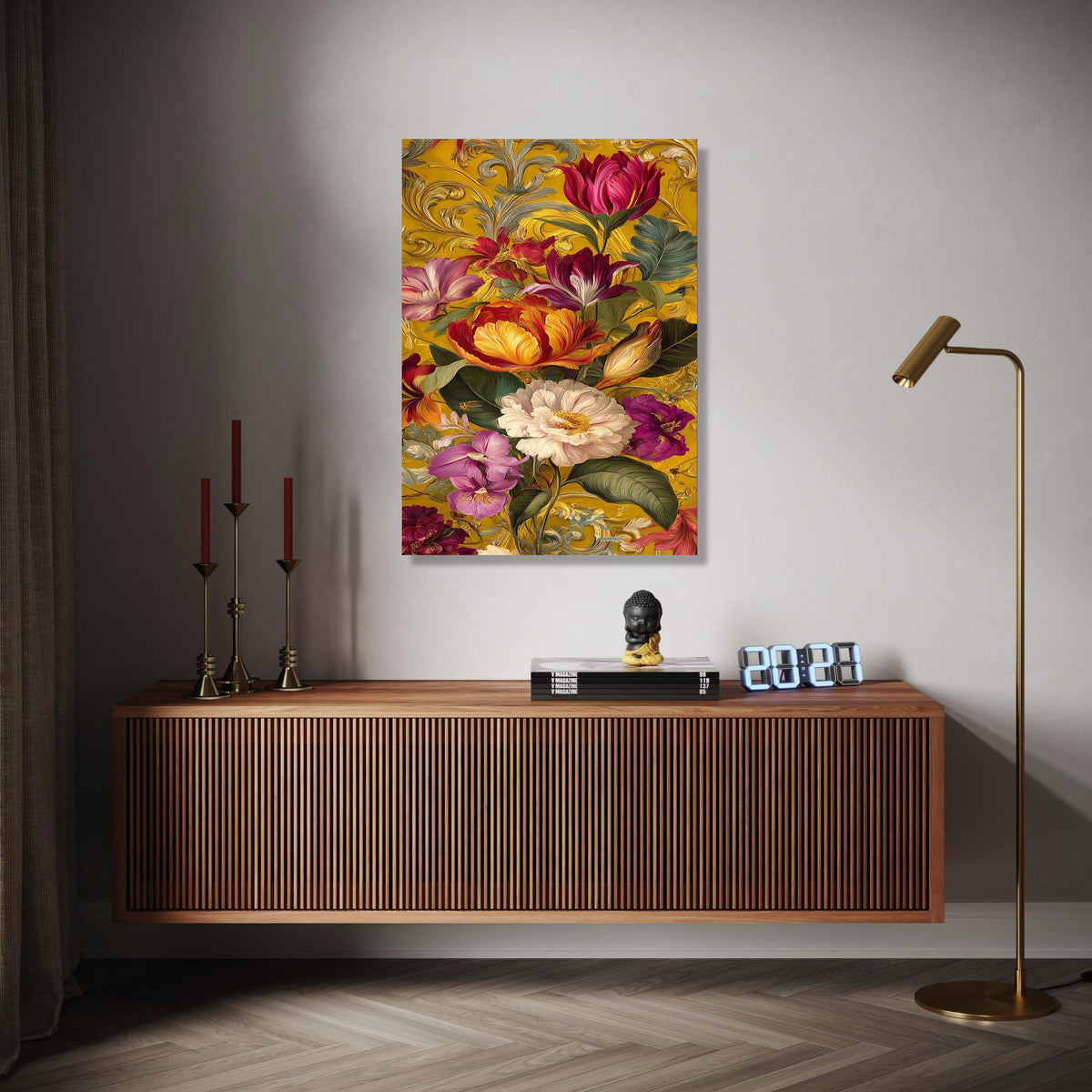 Vibrant Victorian Floral Canvas, Baroque Style Wall Art, Colorful Tulips & Peonies, Ornate Gold Background, Gift Art, Home Decor, Print