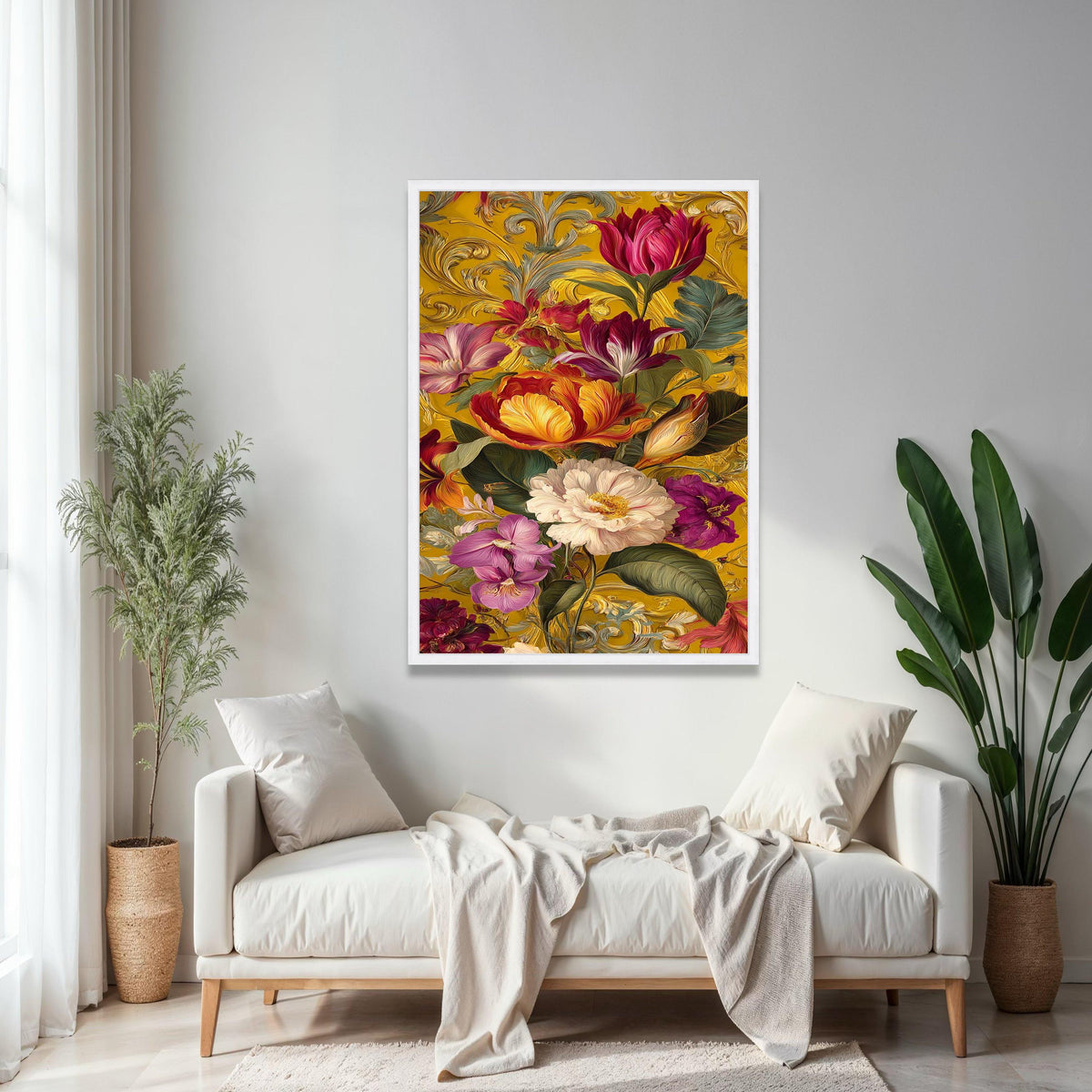 Vibrant Victorian Floral Canvas, Baroque Style Wall Art, Colorful Tulips & Peonies, Ornate Gold Background, Gift Art, Home Decor, Print