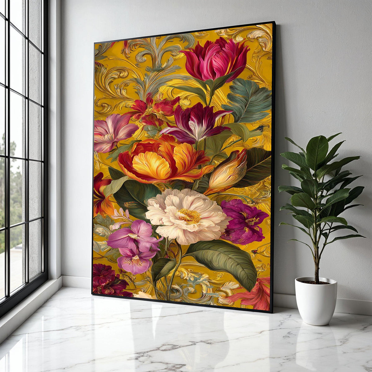 Vibrant Victorian Floral Canvas, Baroque Style Wall Art, Colorful Tulips & Peonies, Ornate Gold Background, Gift Art, Home Decor, Print