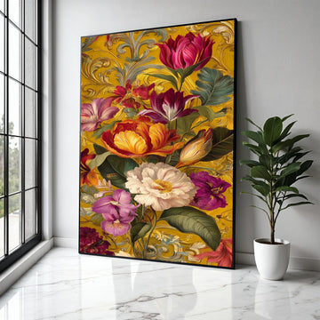 Vibrant Victorian Floral Canvas, Baroque Style Wall Art, Colorful Tulips & Peonies, Ornate Gold Background, Gift Art, Home Decor, Print