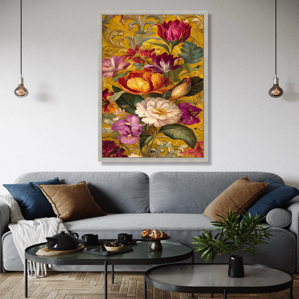 Vibrant Victorian Floral Canvas, Baroque Style Wall Art, Colorful Tulips & Peonies, Ornate Gold Background, Gift Art, Home Decor, Print