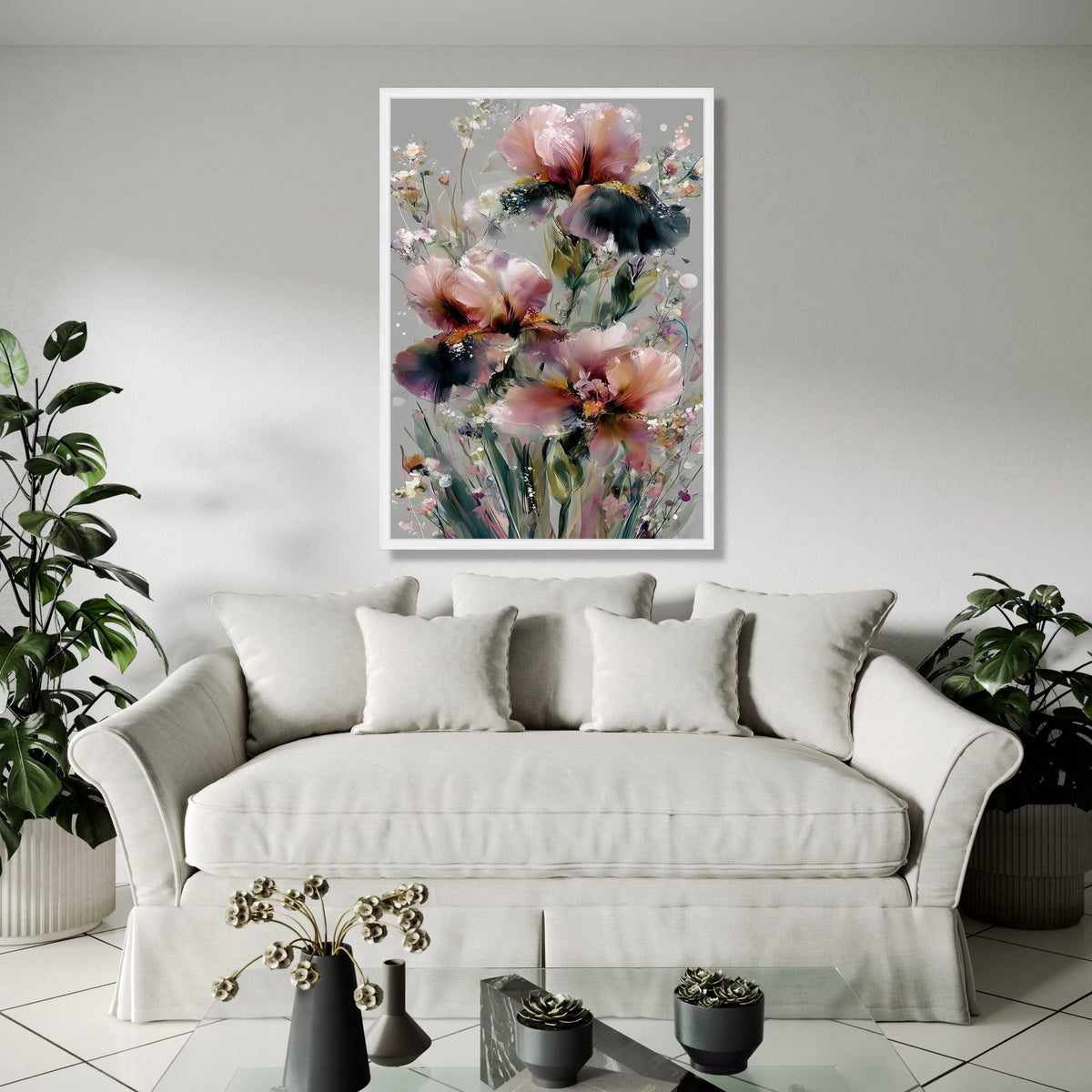 Abstract Pink and Purple Iris Flowers, Modern Floral Canvas Wall Art, Soft Pastel Botanical Painting, Elegant Gift Art, Home Decor, Print