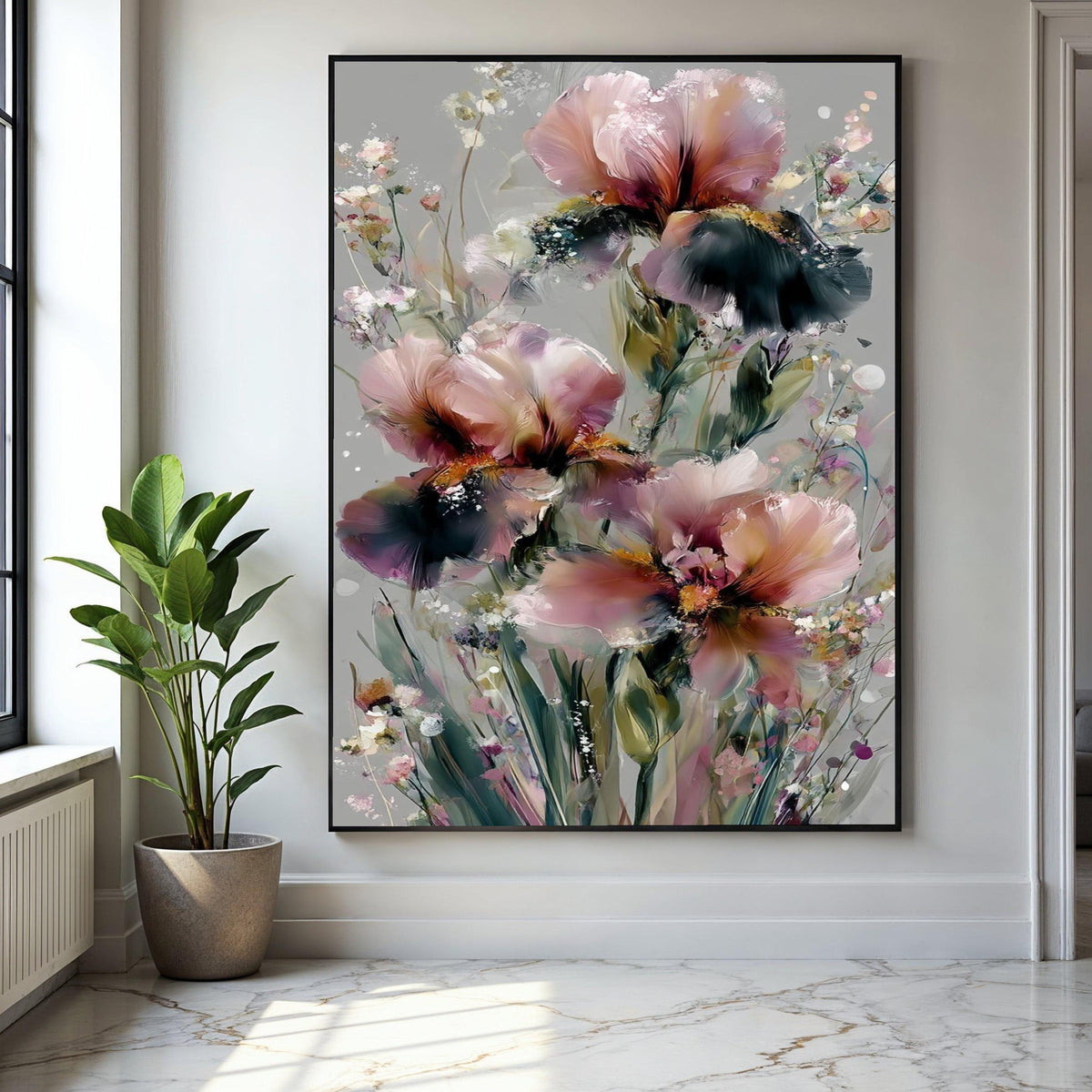Abstract Pink and Purple Iris Flowers, Modern Floral Canvas Wall Art, Soft Pastel Botanical Painting, Elegant Gift Art, Home Decor, Print