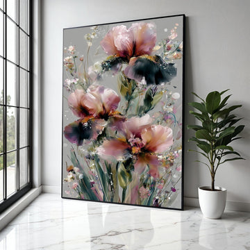 Abstract Pink and Purple Iris Flowers, Modern Floral Canvas Wall Art, Soft Pastel Botanical Painting, Elegant Gift Art, Home Decor, Print