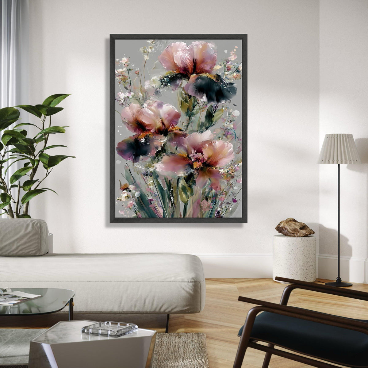 Abstract Pink and Purple Iris Flowers, Modern Floral Canvas Wall Art, Soft Pastel Botanical Painting, Elegant Gift Art, Home Decor, Print