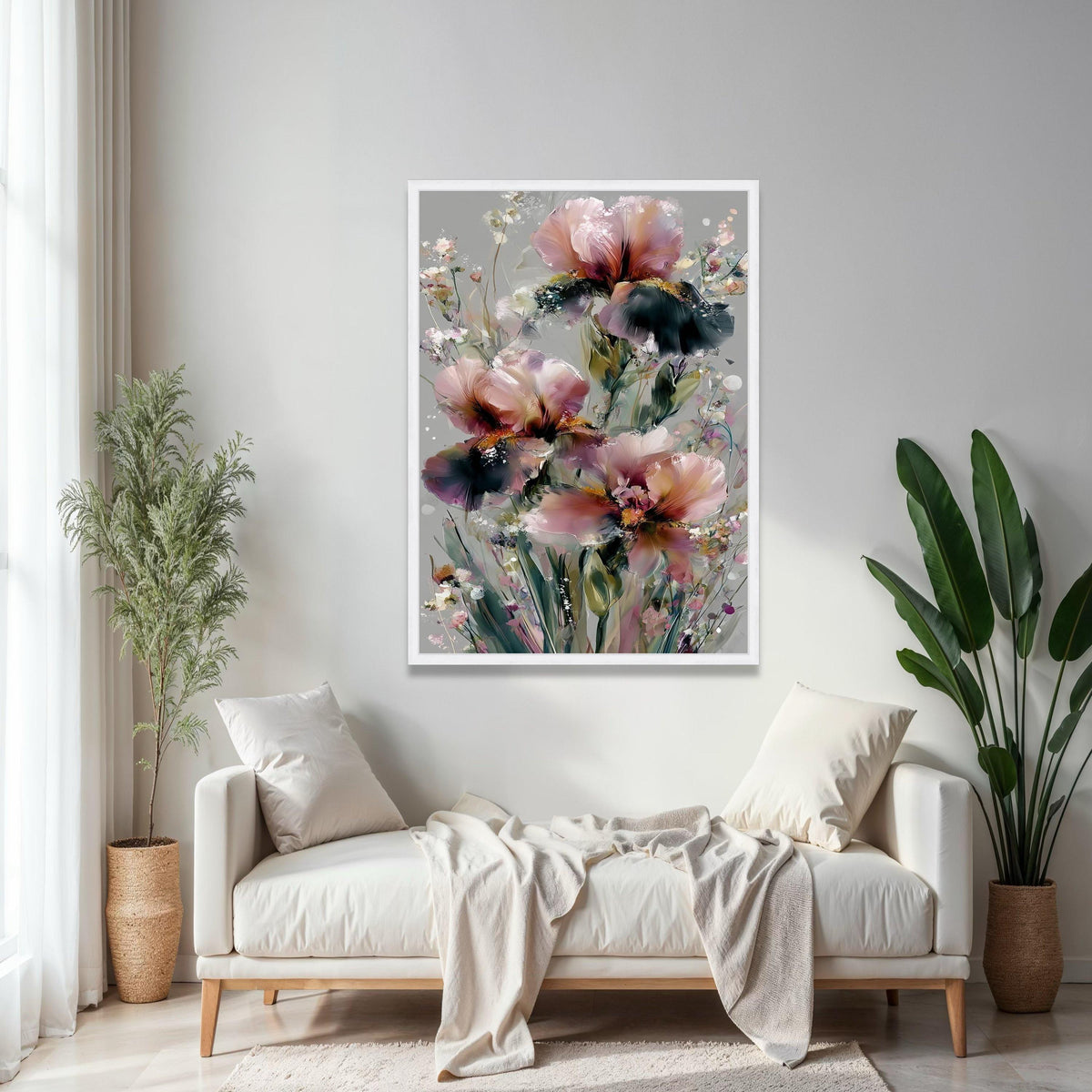 Abstract Pink and Purple Iris Flowers, Modern Floral Canvas Wall Art, Soft Pastel Botanical Painting, Elegant Gift Art, Home Decor, Print