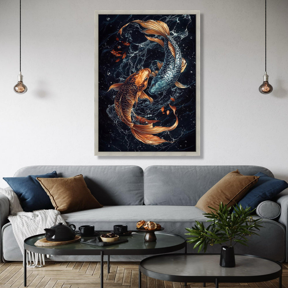 Yin Yang Koi Fish Canvas Wall Art, Asian Water Spirit Painting, Feng Shui Fish Decor, Gold and Silver Koi Art, Gift Art, Home Decor, Print