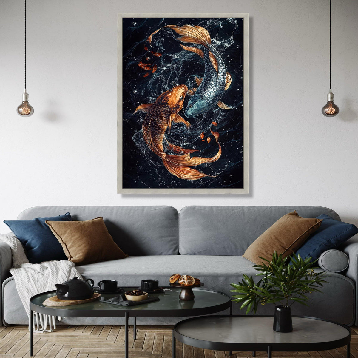 Yin Yang Koi Fish Canvas Wall Art, Asian Water Spirit Painting, Feng Shui Fish Decor, Gold and Silver Koi Art, Gift Art, Home Decor, Print