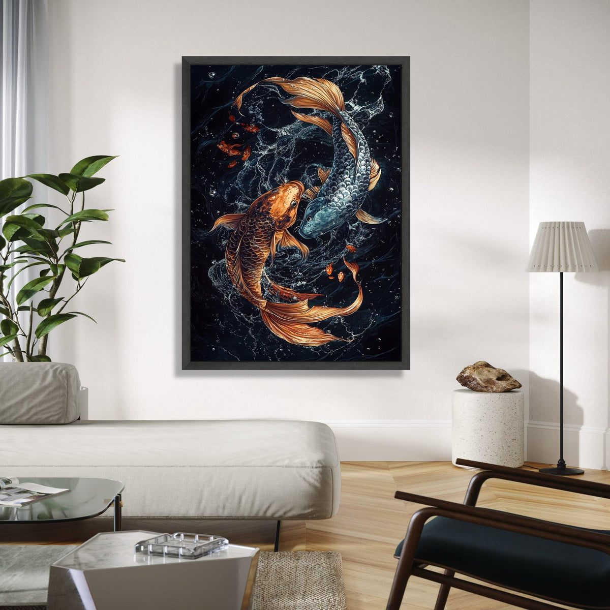 Yin Yang Koi Fish Canvas Wall Art, Asian Water Spirit Painting, Feng Shui Fish Decor, Gold and Silver Koi Art, Gift Art, Home Decor, Print