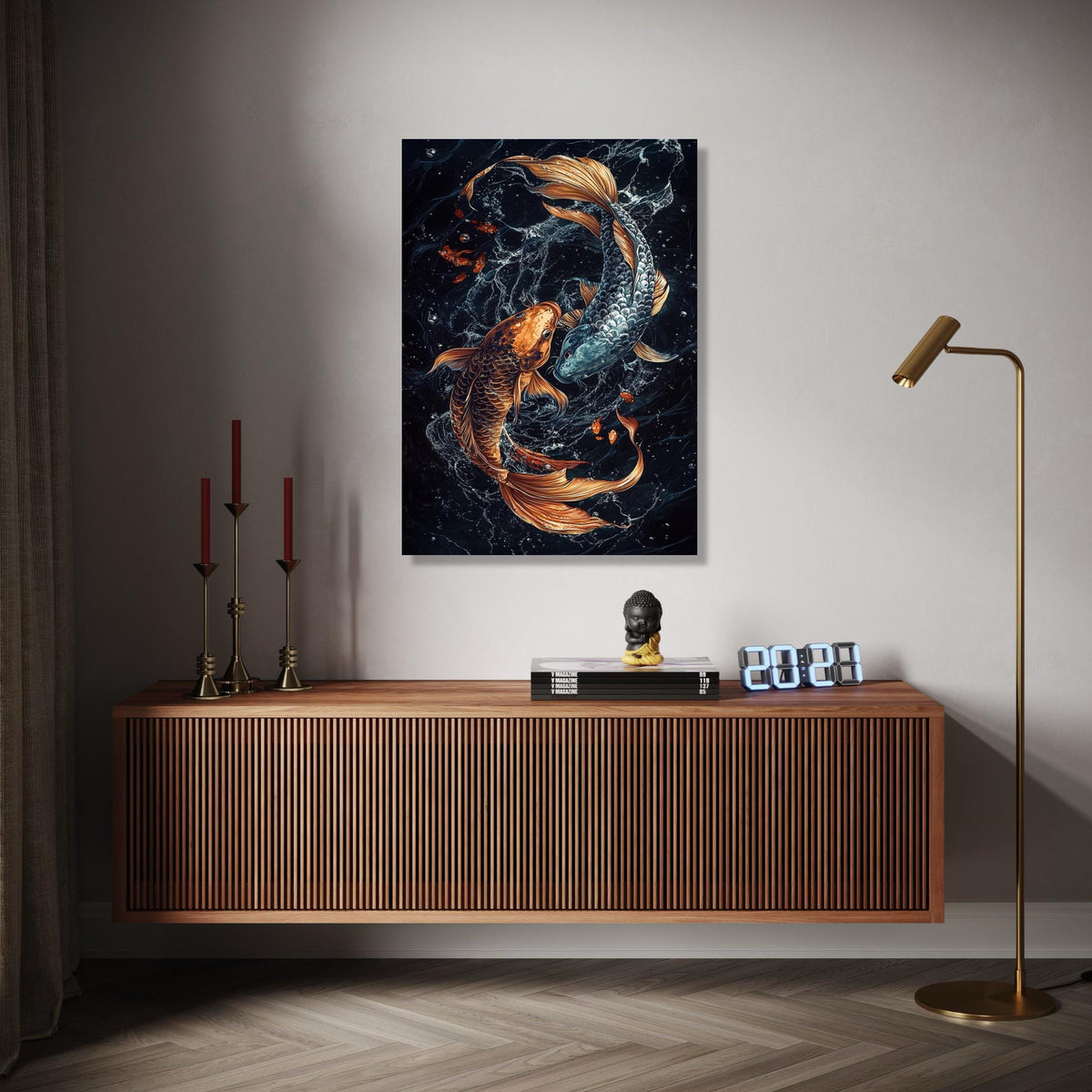 Yin Yang Koi Fish Canvas Wall Art, Asian Water Spirit Painting, Feng Shui Fish Decor, Gold and Silver Koi Art, Gift Art, Home Decor, Print