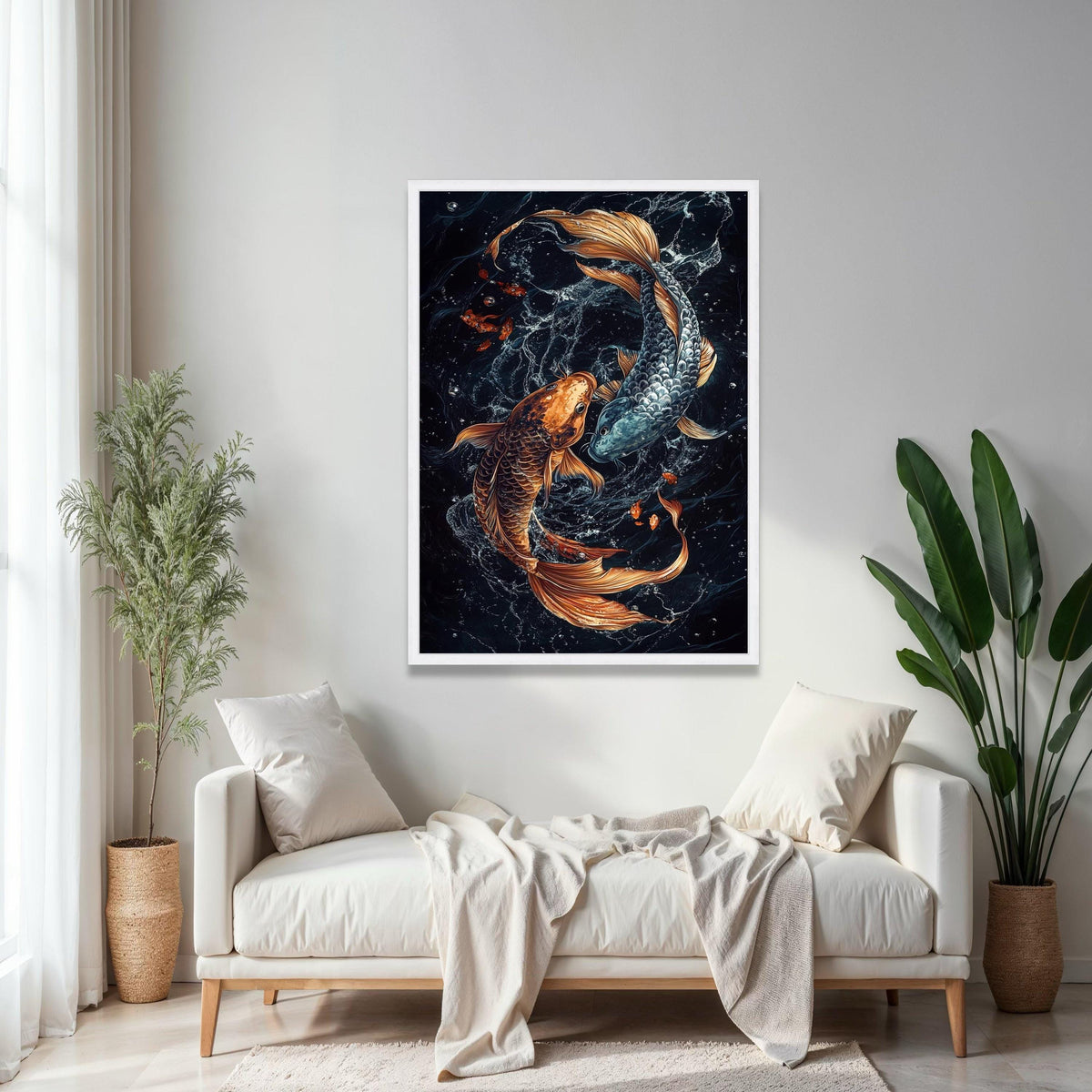 Yin Yang Koi Fish Canvas Wall Art, Asian Water Spirit Painting, Feng Shui Fish Decor, Gold and Silver Koi Art, Gift Art, Home Decor, Print