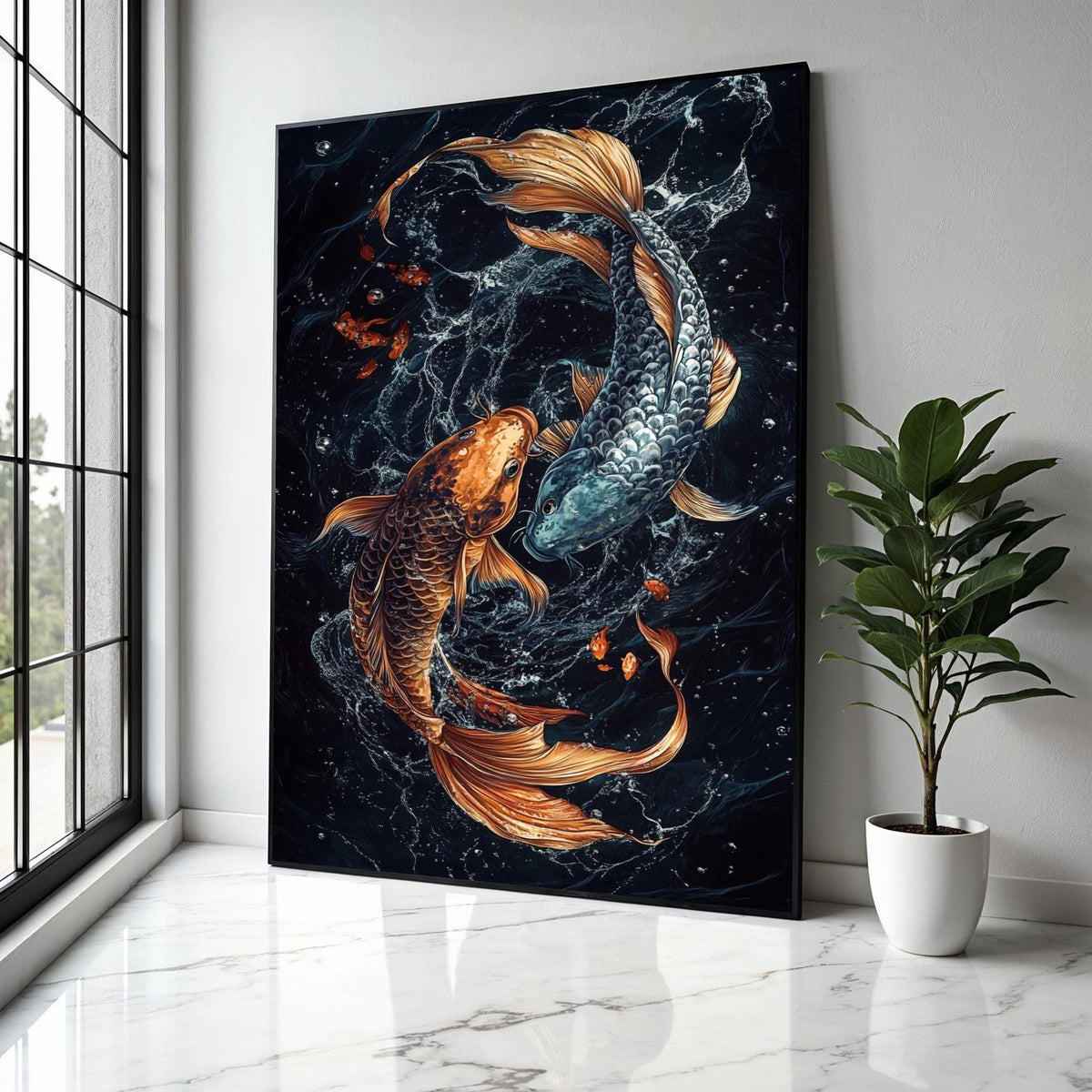 Yin Yang Koi Fish Canvas Wall Art, Asian Water Spirit Painting, Feng Shui Fish Decor, Gold and Silver Koi Art, Gift Art, Home Decor, Print