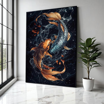 Yin Yang Koi Fish Canvas Wall Art, Asian Water Spirit Painting, Feng Shui Fish Decor, Gold and Silver Koi Art, Gift Art, Home Decor, Print