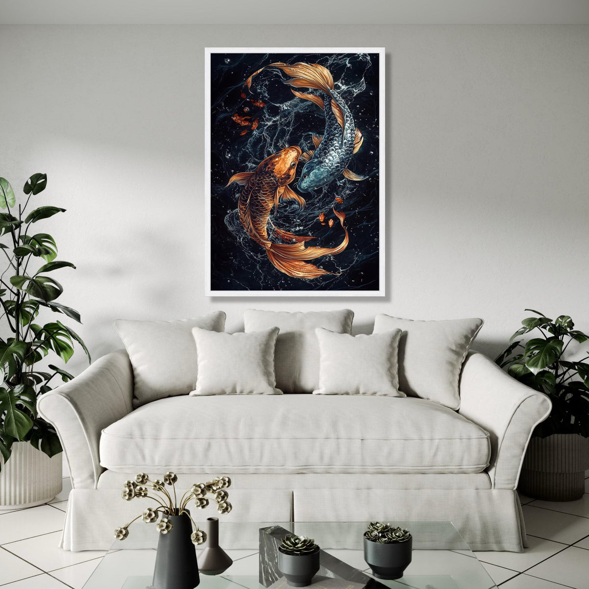 Yin Yang Koi Fish Canvas Wall Art, Asian Water Spirit Painting, Feng Shui Fish Decor, Gold and Silver Koi Art, Gift Art, Home Decor, Print