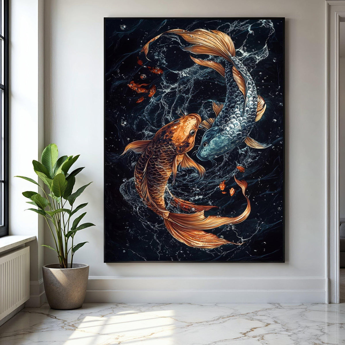 Yin Yang Koi Fish Canvas Wall Art, Asian Water Spirit Painting, Feng Shui Fish Decor, Gold and Silver Koi Art, Gift Art, Home Decor, Print