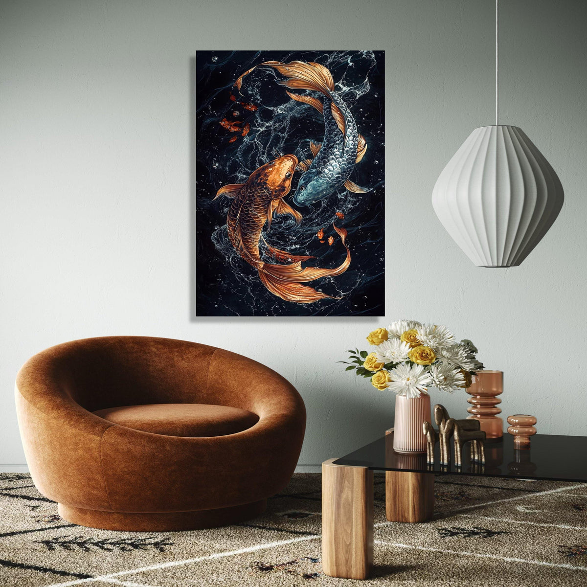 Yin Yang Koi Fish Canvas Wall Art, Asian Water Spirit Painting, Feng Shui Fish Decor, Gold and Silver Koi Art, Gift Art, Home Decor, Print