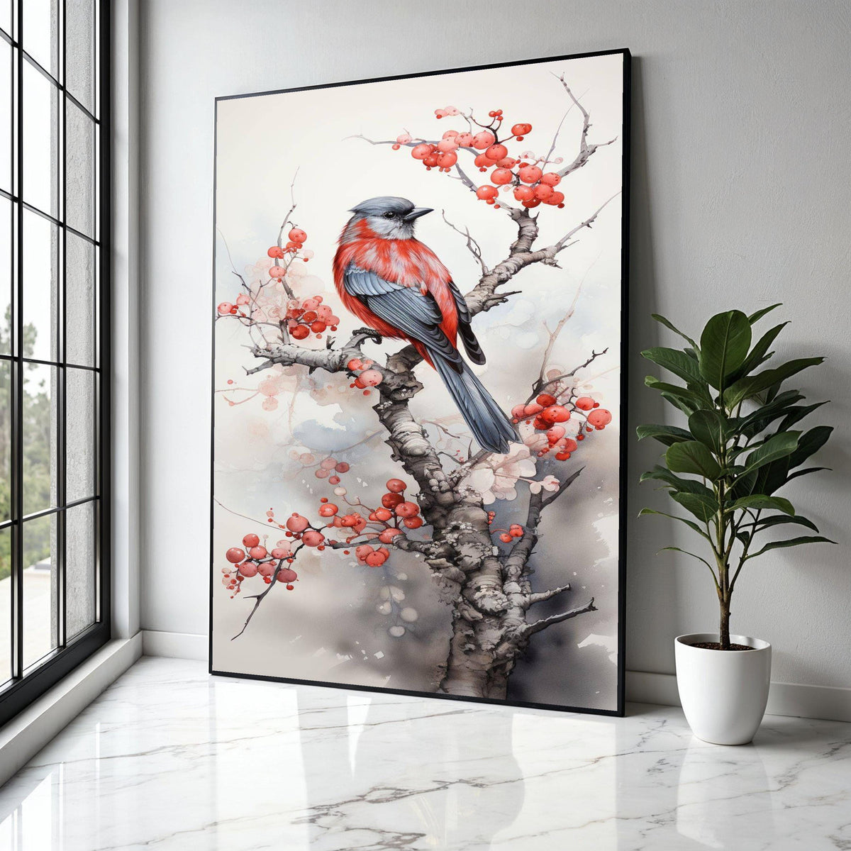 Red and Gray Bird Canvas Art, Winter Berry Branch Painting, Nature Wall Decor, Watercolor Bird Illustration, Gift Art, Home Decor, Print