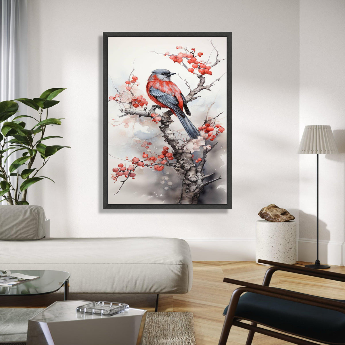Red and Gray Bird Canvas Art, Winter Berry Branch Painting, Nature Wall Decor, Watercolor Bird Illustration, Gift Art, Home Decor, Print