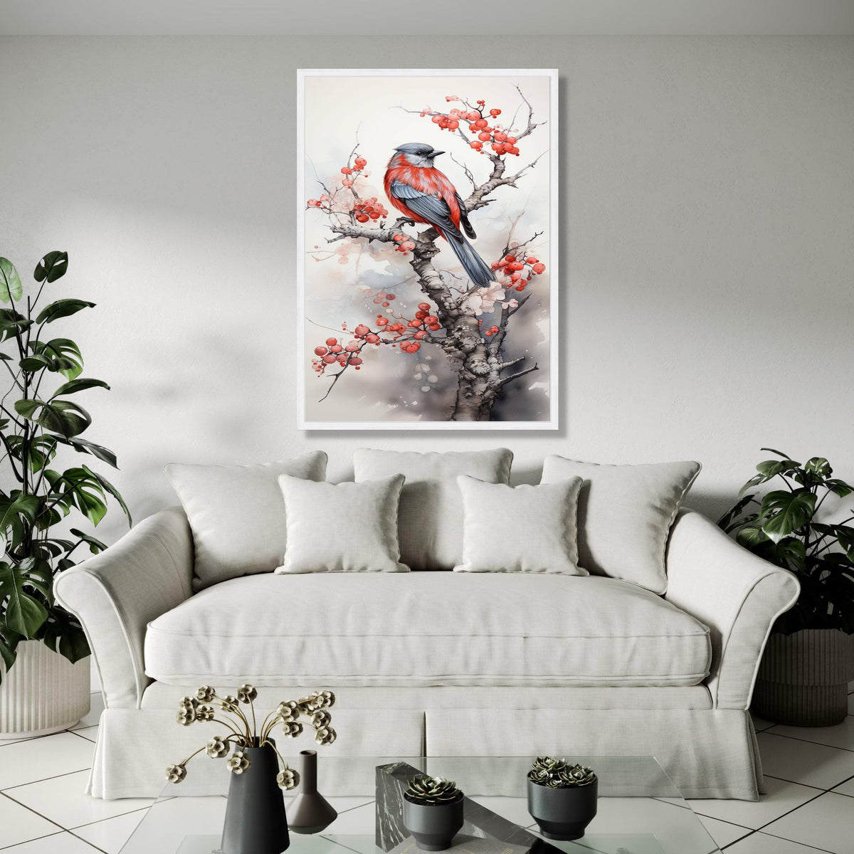 Red and Gray Bird Canvas Art, Winter Berry Branch Painting, Nature Wall Decor, Watercolor Bird Illustration, Gift Art, Home Decor, Print