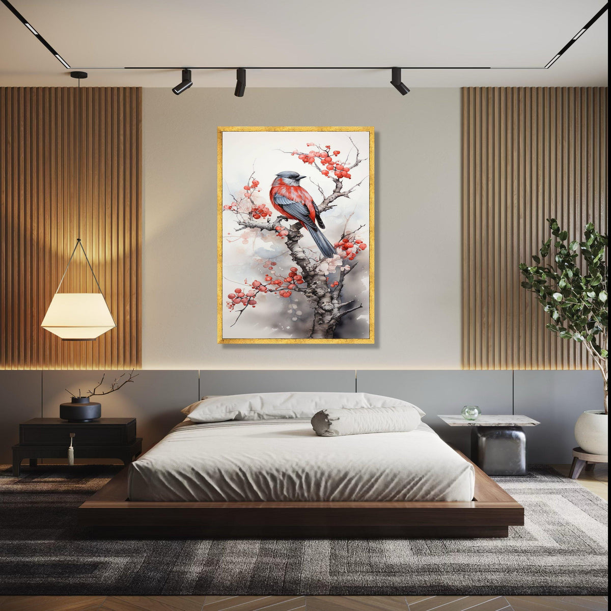 Red and Gray Bird Canvas Art, Winter Berry Branch Painting, Nature Wall Decor, Watercolor Bird Illustration, Gift Art, Home Decor, Print