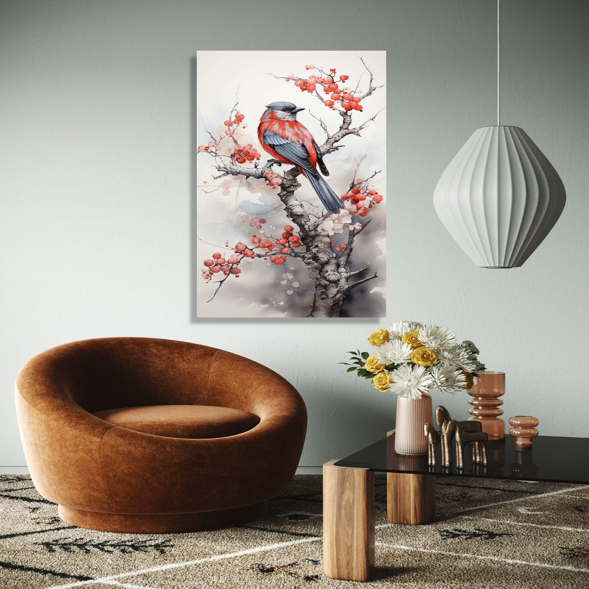Red and Gray Bird Canvas Art, Winter Berry Branch Painting, Nature Wall Decor, Watercolor Bird Illustration, Gift Art, Home Decor, Print