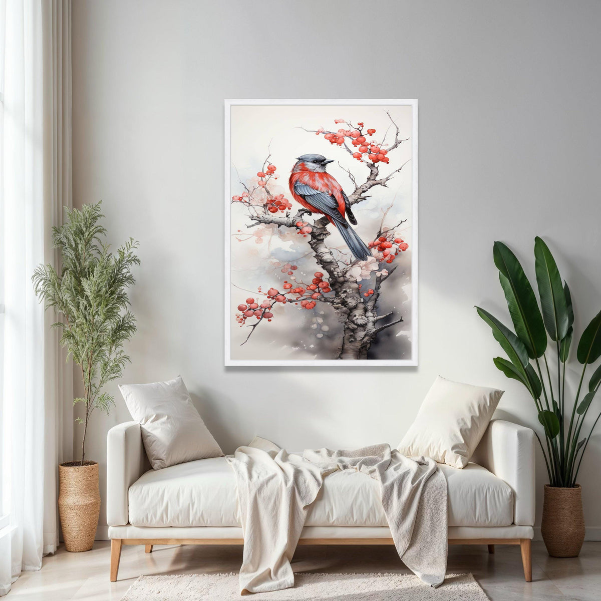 Red and Gray Bird Canvas Art, Winter Berry Branch Painting, Nature Wall Decor, Watercolor Bird Illustration, Gift Art, Home Decor, Print