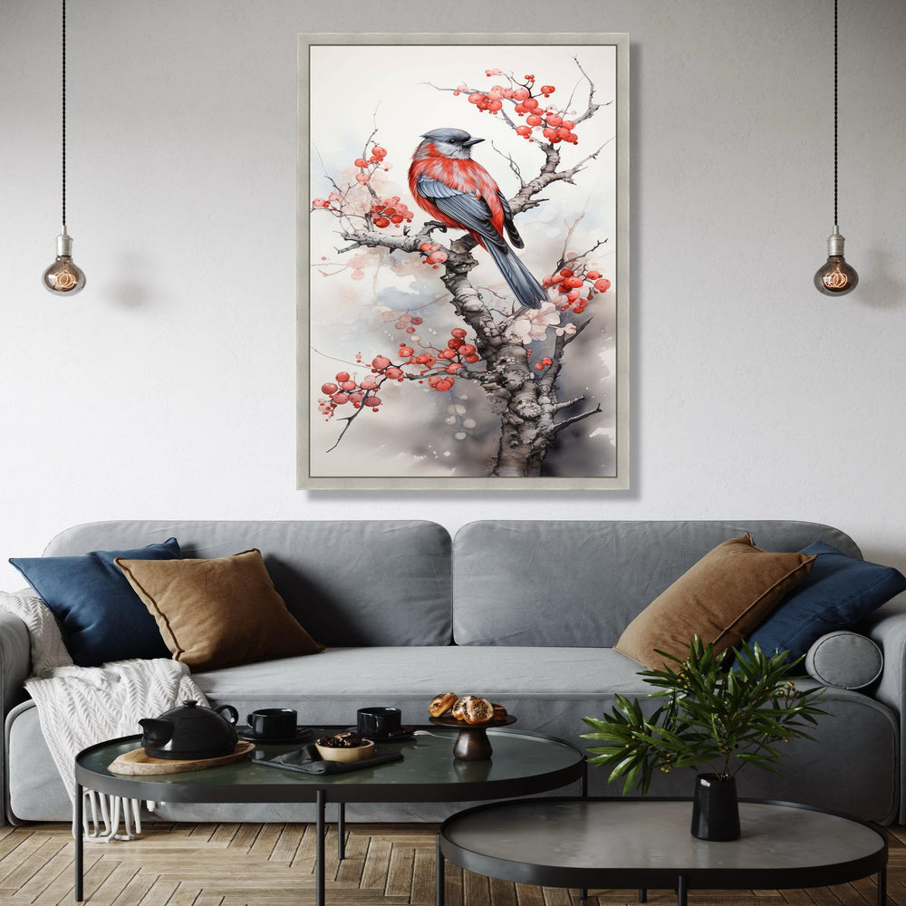 Red and Gray Bird Canvas Art, Winter Berry Branch Painting, Nature Wall Decor, Watercolor Bird Illustration, Gift Art, Home Decor, Print